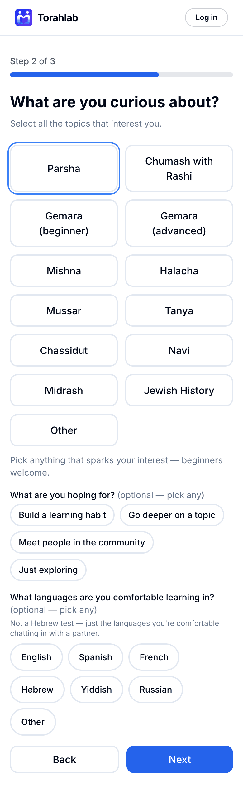 Signup step 2, a grid of topic buttons including Parsha, Chumash with Rashi, Gemara beginner and advanced, plus optional goal and language chips.
