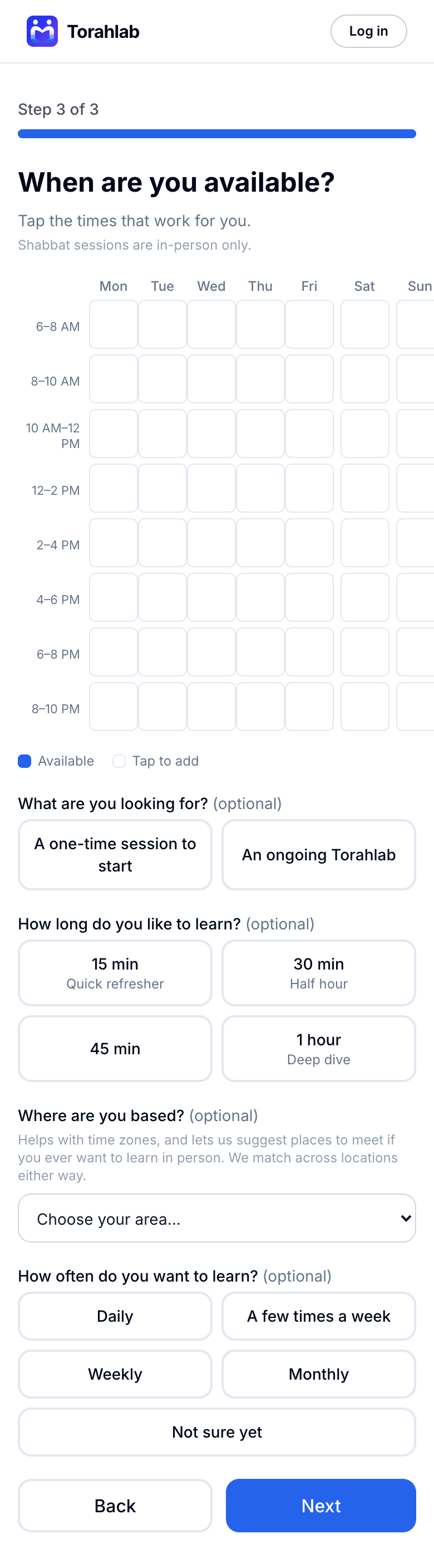 Signup step 3, a weekly grid of two-hour time blocks from 6 AM to 10 PM, with optional session length, area and frequency options below.