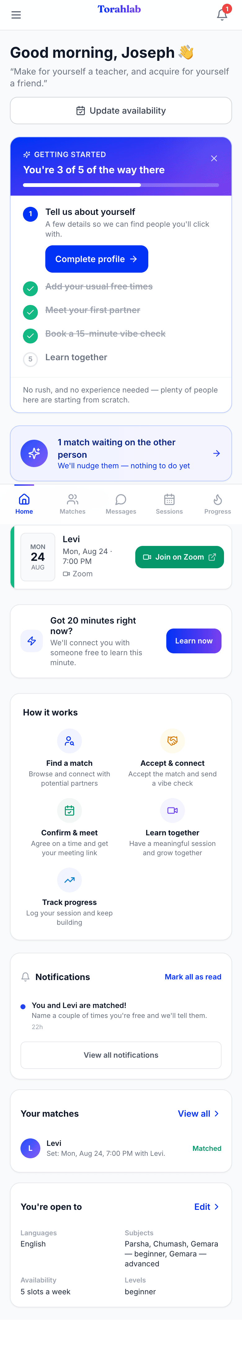 The Torahlab home screen with a Getting started progress card reading You're 2 of 5 of the way there, a match notice, and a how-it-works section.