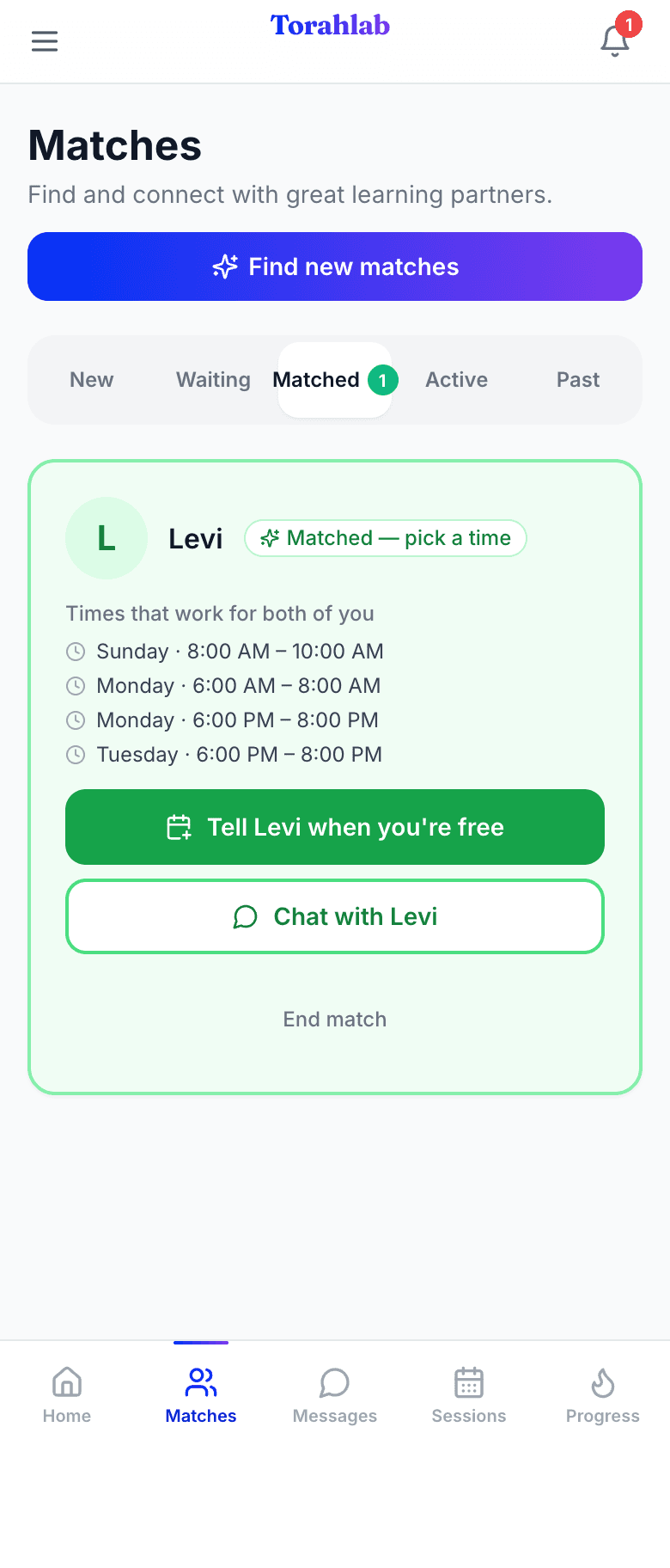 The Matches screen showing a matched partner card for Levi with the shared free times listed underneath.