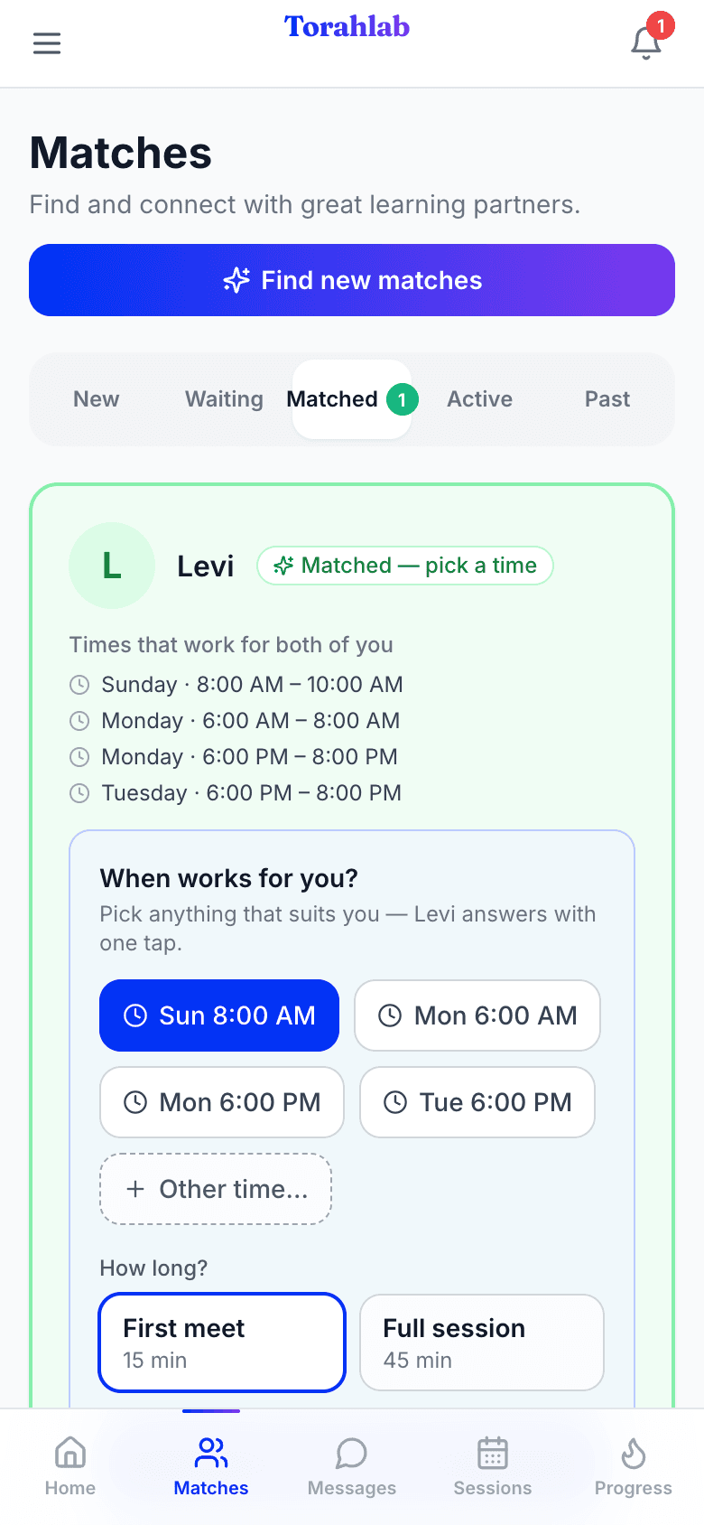 The match card's scheduling section, headed When works for you, showing tappable time chips and a choice between a 15-minute first meet and a full session.