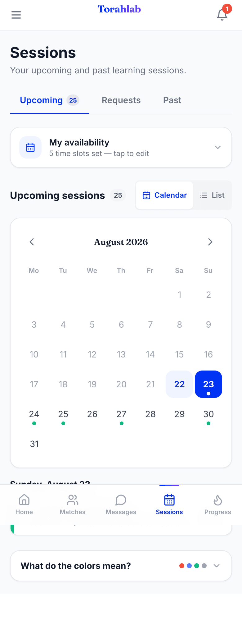 The Sessions screen with Upcoming, Requests and Past tabs, an availability editor, and a month calendar with dots marking booked days.