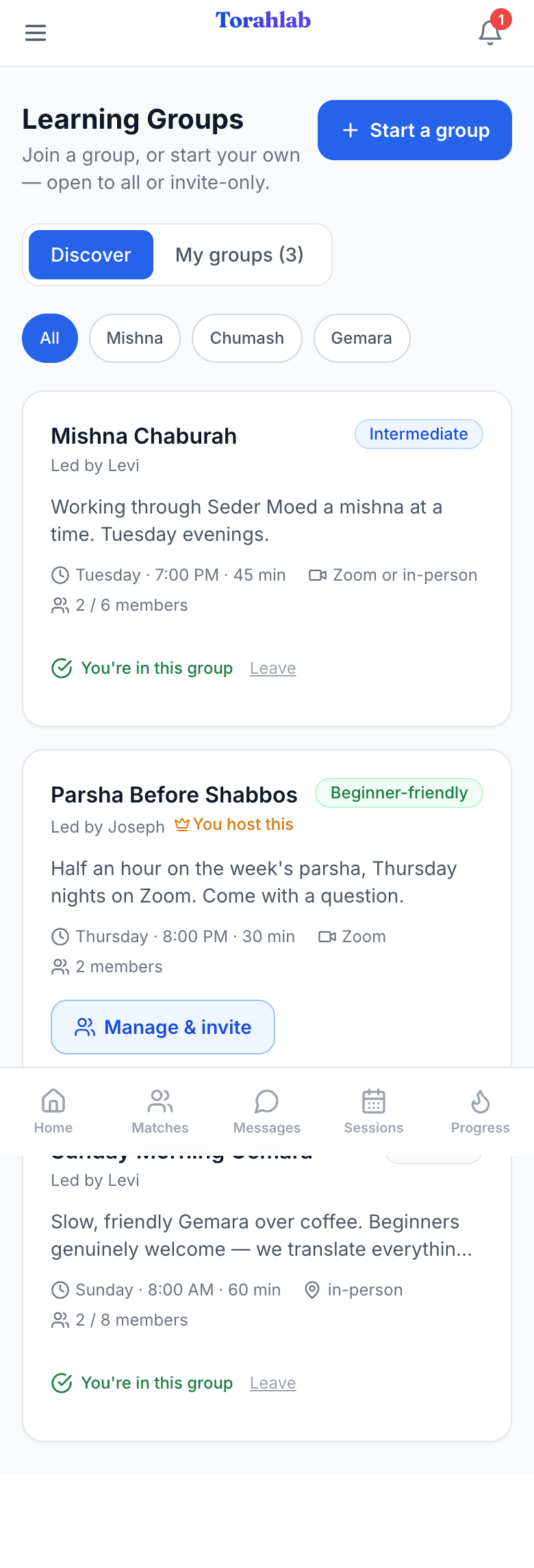 The Learning Groups screen listing Mishna Chaburah, Parsha Before Shabbos and Sunday Morning Gemara with day, time, format and member counts.