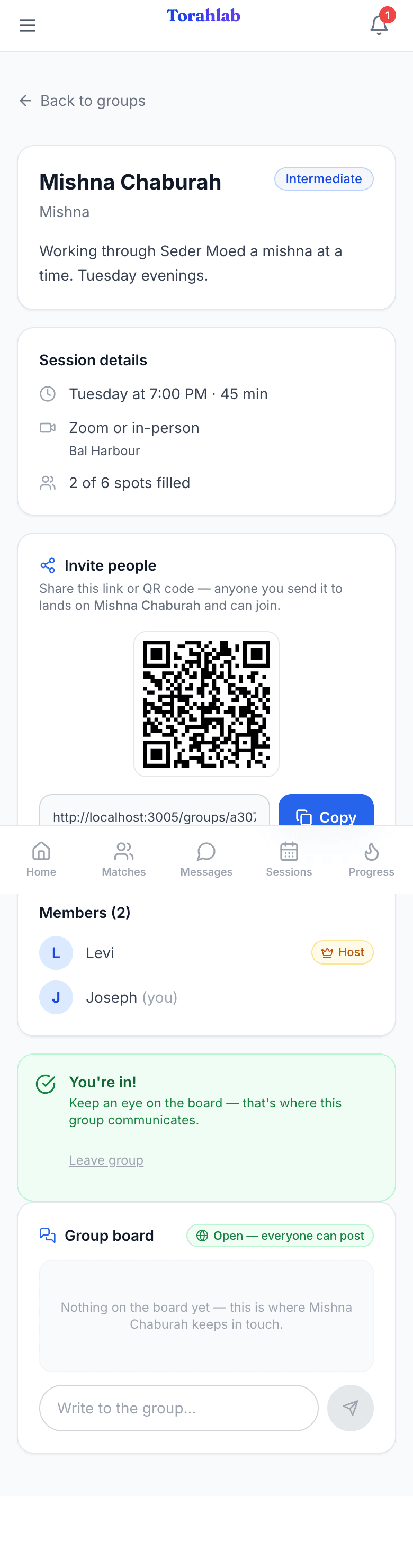 A group detail page showing the description, host, member list and message board.