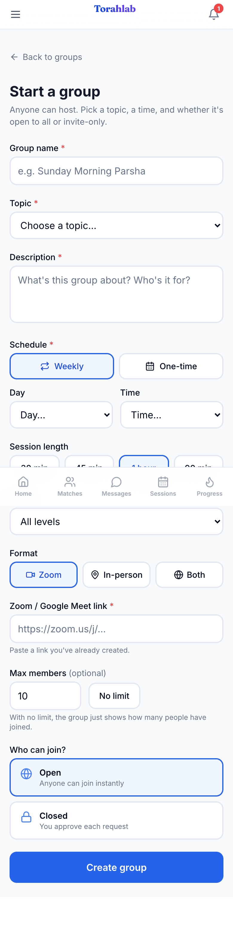 The Start a group form with fields for name, topic, description, day, time, duration, level, format and size.