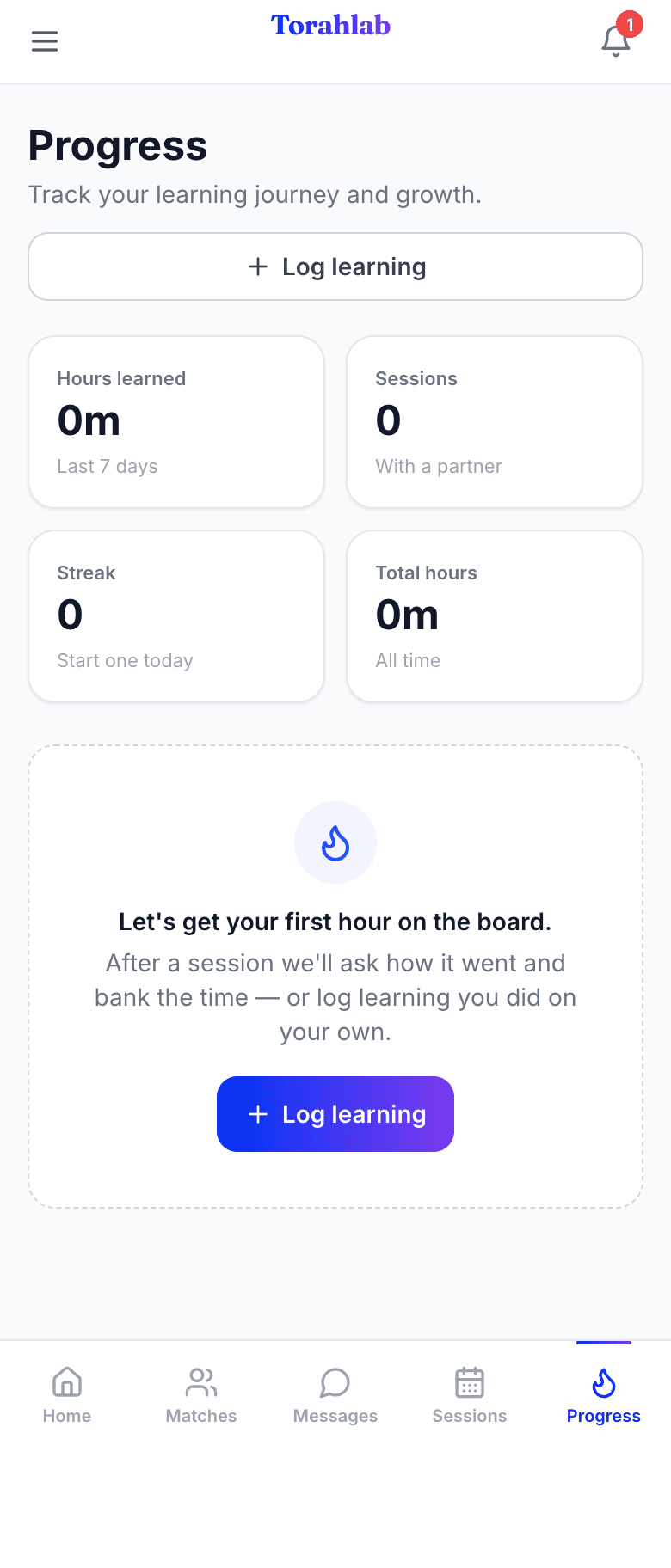 The Progress screen showing a learning streak and session history.